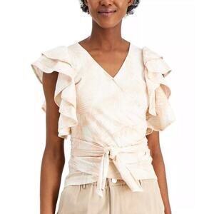INC International Concepts Women's‎ Summer Palm Wrap-Style Flutter-Sleeve Top S